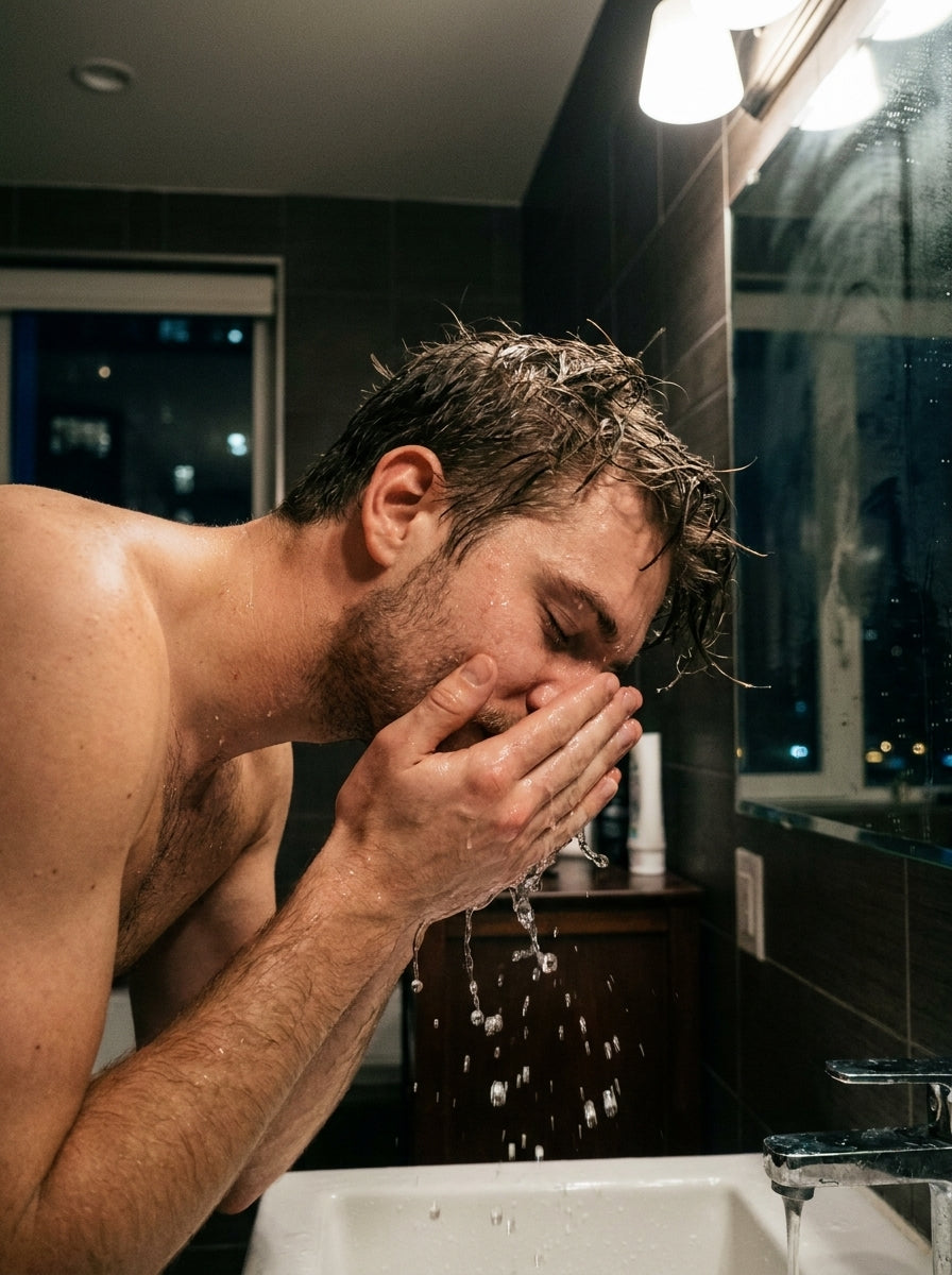 Man washing face at night