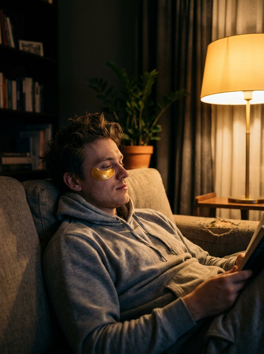 Man wearing gold eye patches, relaxed on couch
