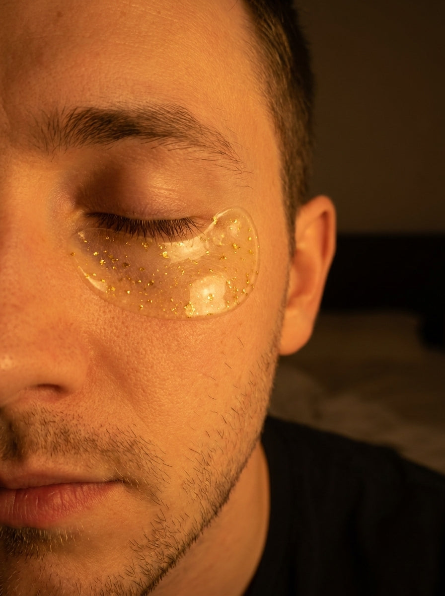 Gold eye patches applied close-up